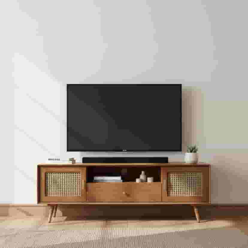 Adore Tv Cabinet Unit in Solid Wood With Rattan