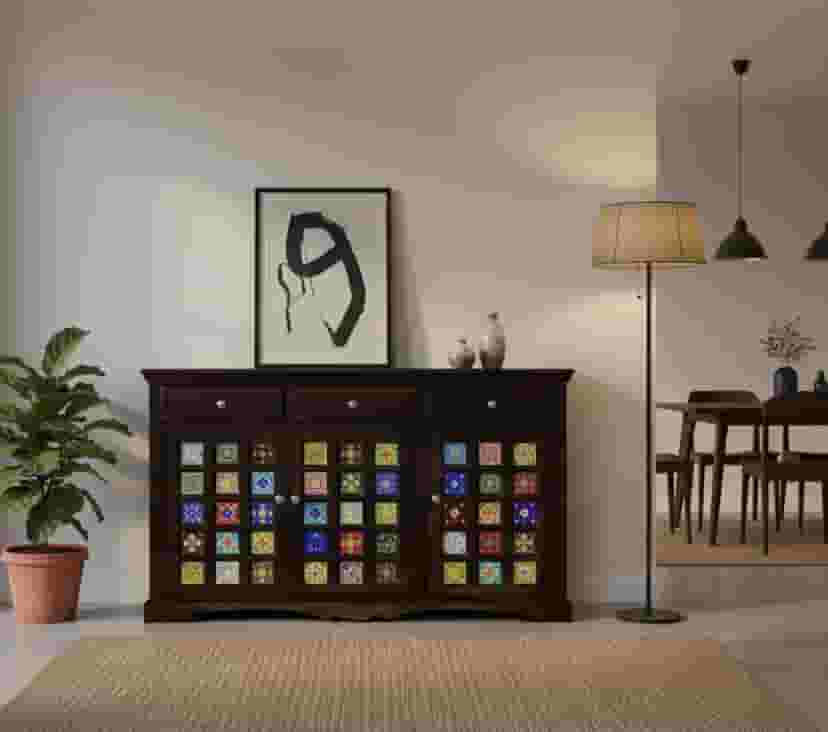 Adore Solid Wood Sideboard With Colorful Ceramic Tile Inlay – 3 Drawers & 3 Door Cabinet