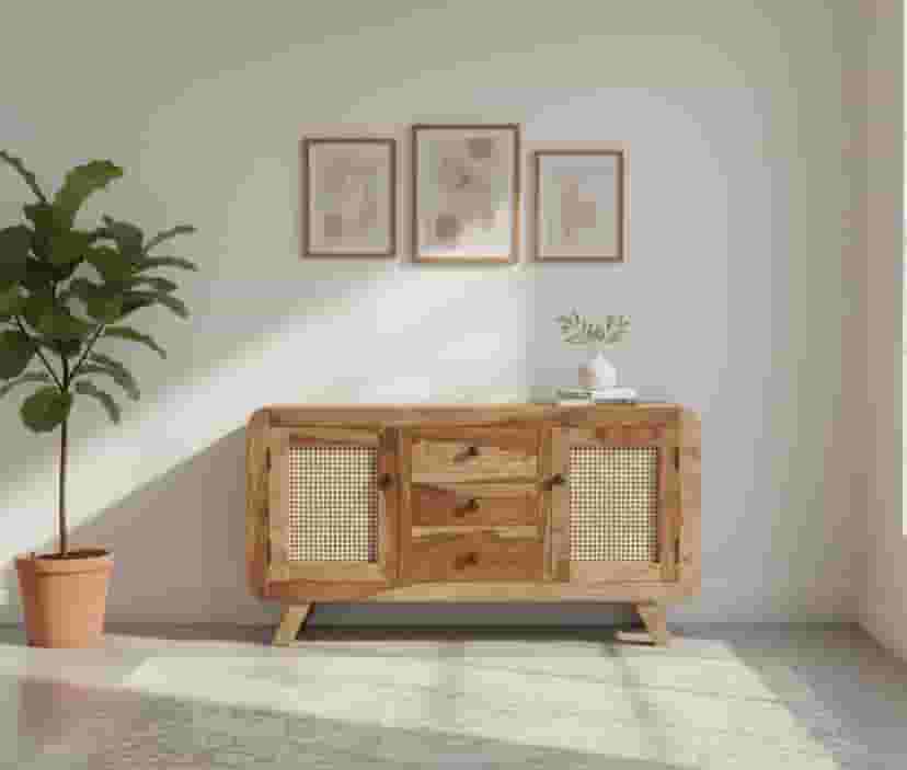 Adore Sideboard Cabinet With Rattan Doors And 3 Drawer in Solid Sheesham wood