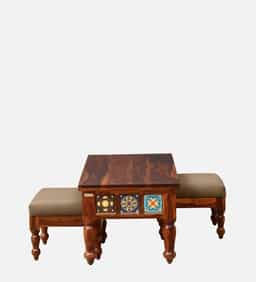 Adore Coffee Table with 2 Stools in Solid Sheesham wood 