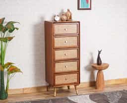 Adore Tall Chest of Drawers in Solid Mango Wood and Rattan Mesh 