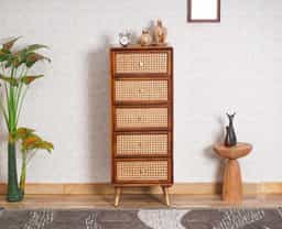 Adore Tall Chest of Drawers in Solid Mango Wood and Rattan Mesh 