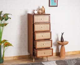 Adore Tall Chest of Drawers in Solid Mango Wood and Rattan Mesh 