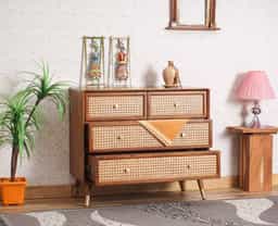 Adore Chester with 4 Drawers in Solid Mango Wood and Rattan Mesh 