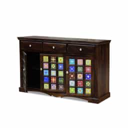Adore Solid Wood Sideboard With Colorful Ceramic Tile Inlay – 3 Drawers & 3 Door Cabinet