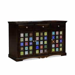 Adore Solid Wood Sideboard With Colorful Ceramic Tile Inlay – 3 Drawers & 3 Door Cabinet