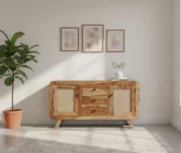Adore Sideboard Cabinet With Rattan Doors And 3 Drawer in Solid Sheesham wood