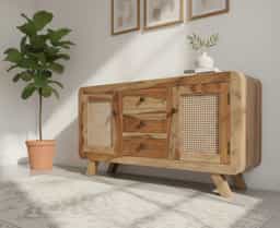 Adore Sideboard Cabinet With Rattan Doors And 3 Drawer in Solid Sheesham wood