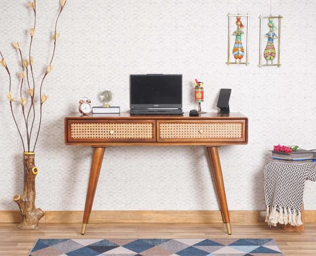 Adore Solid-Wood Study Laptop Table With Two Rattan Drawer 