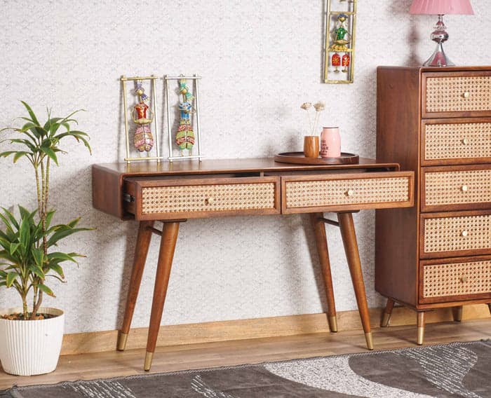 Adore Solid-Wood Study Laptop Table With Two Rattan Drawer 