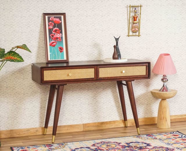 Adore Solid-Wood Study Laptop Table With Two Rattan Drawer 