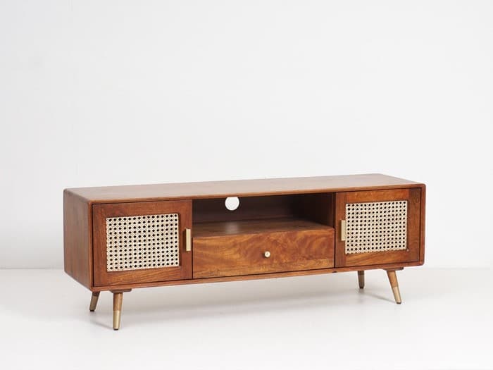 Adore Tv Cabinet Unit in Solid Wood With Rattan