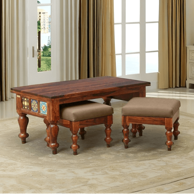 Adore Coffee Table with 2 Stools in Solid Sheesham wood 