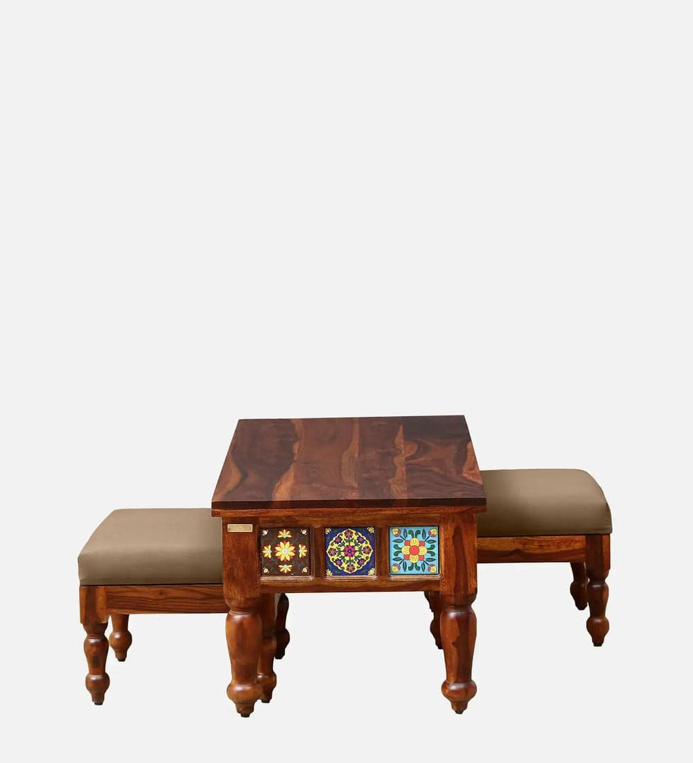 Adore Coffee Table with 2 Stools in Solid Sheesham wood 