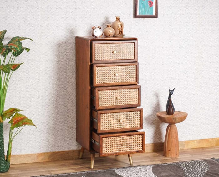 Adore Tall Chest of Drawers in Solid Mango Wood and Rattan Mesh 