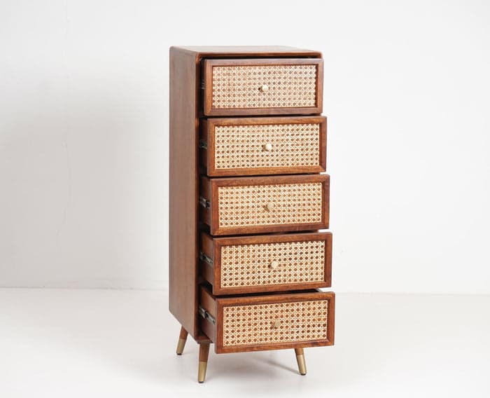 Adore Tall Chest of Drawers in Solid Mango Wood and Rattan Mesh 