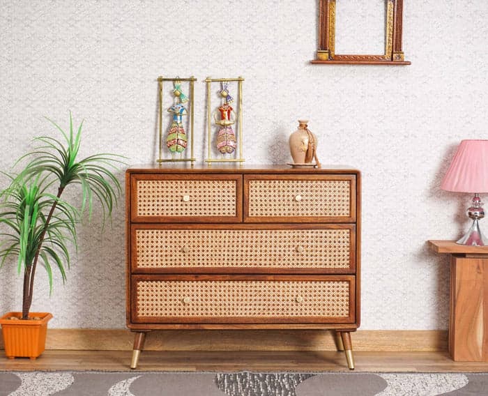 Adore Chester with 4 Drawers in Solid Mango Wood and Rattan Mesh 