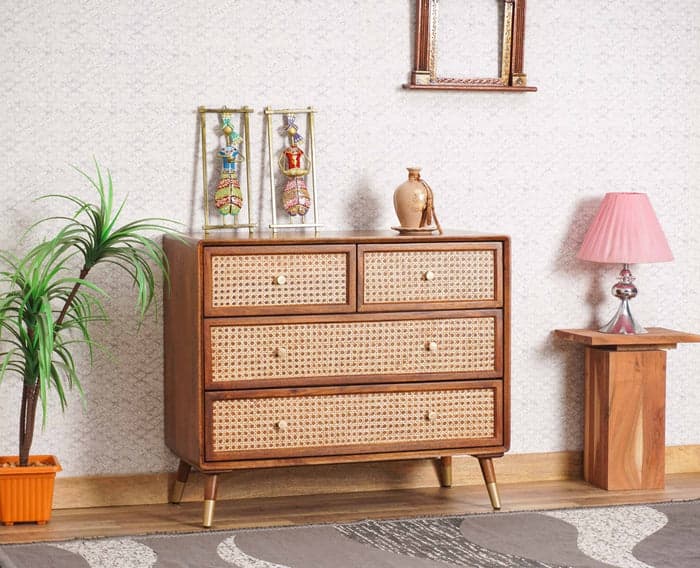 Adore Chester with 4 Drawers in Solid Mango Wood and Rattan Mesh 