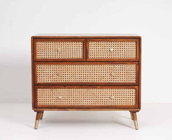 Adore Chester with 4 Drawers in Solid Mango Wood and Rattan Mesh 