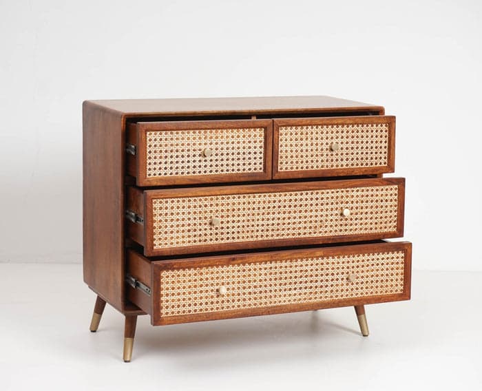 Adore Chester with 4 Drawers in Solid Mango Wood and Rattan Mesh 