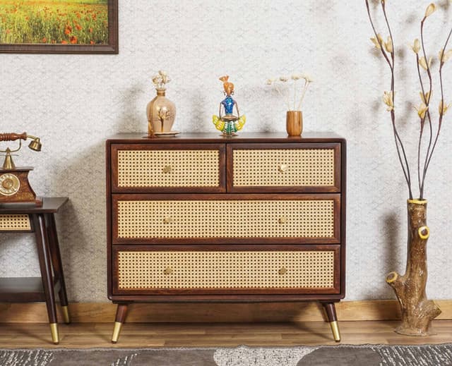 Adore Chester with 4 Drawers in Solid Mango Wood and Rattan Mesh 