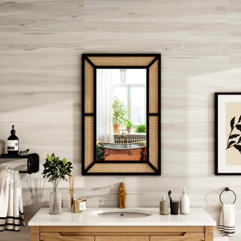 Adore Black Core Mirror Frame in solid Mango wood and Rattan Mesh 