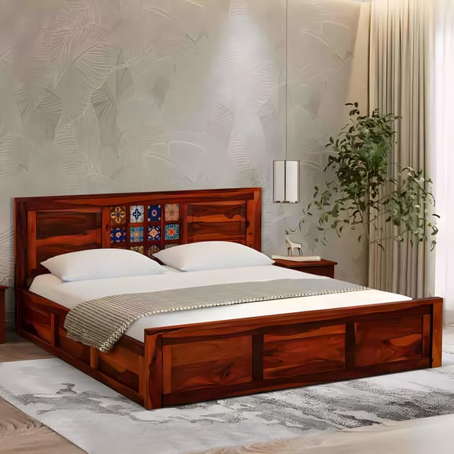 Adore Ceramika King size Bed in Solid Sheesham wood With Box Storage 