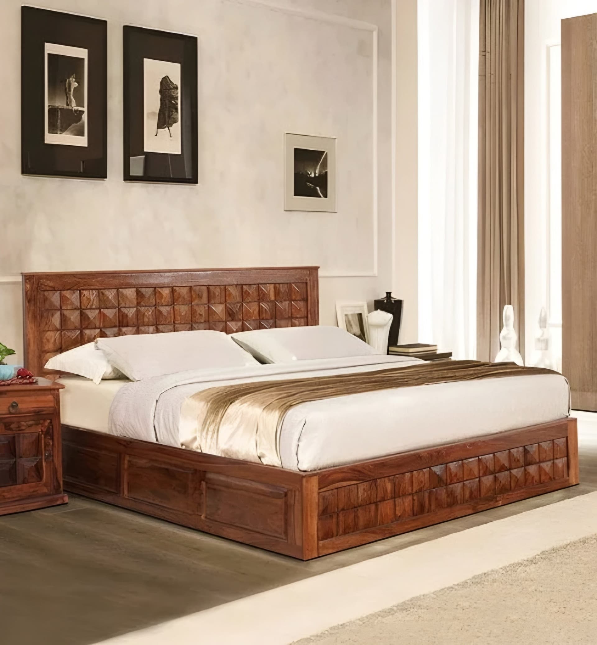 Adore King Size Diamond  Front Trolley Bed in Solid Sheesham Wood