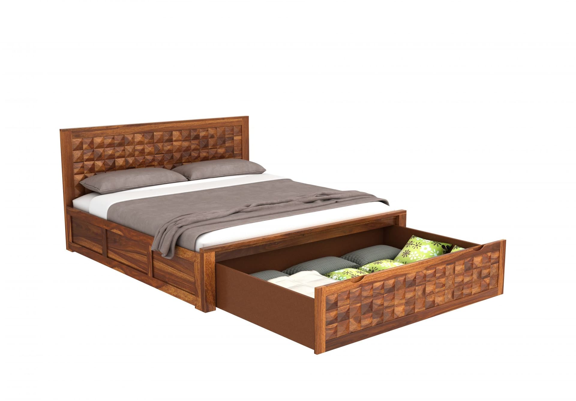 Adore King Size Diamond  Front Trolley Bed in Solid Sheesham Wood