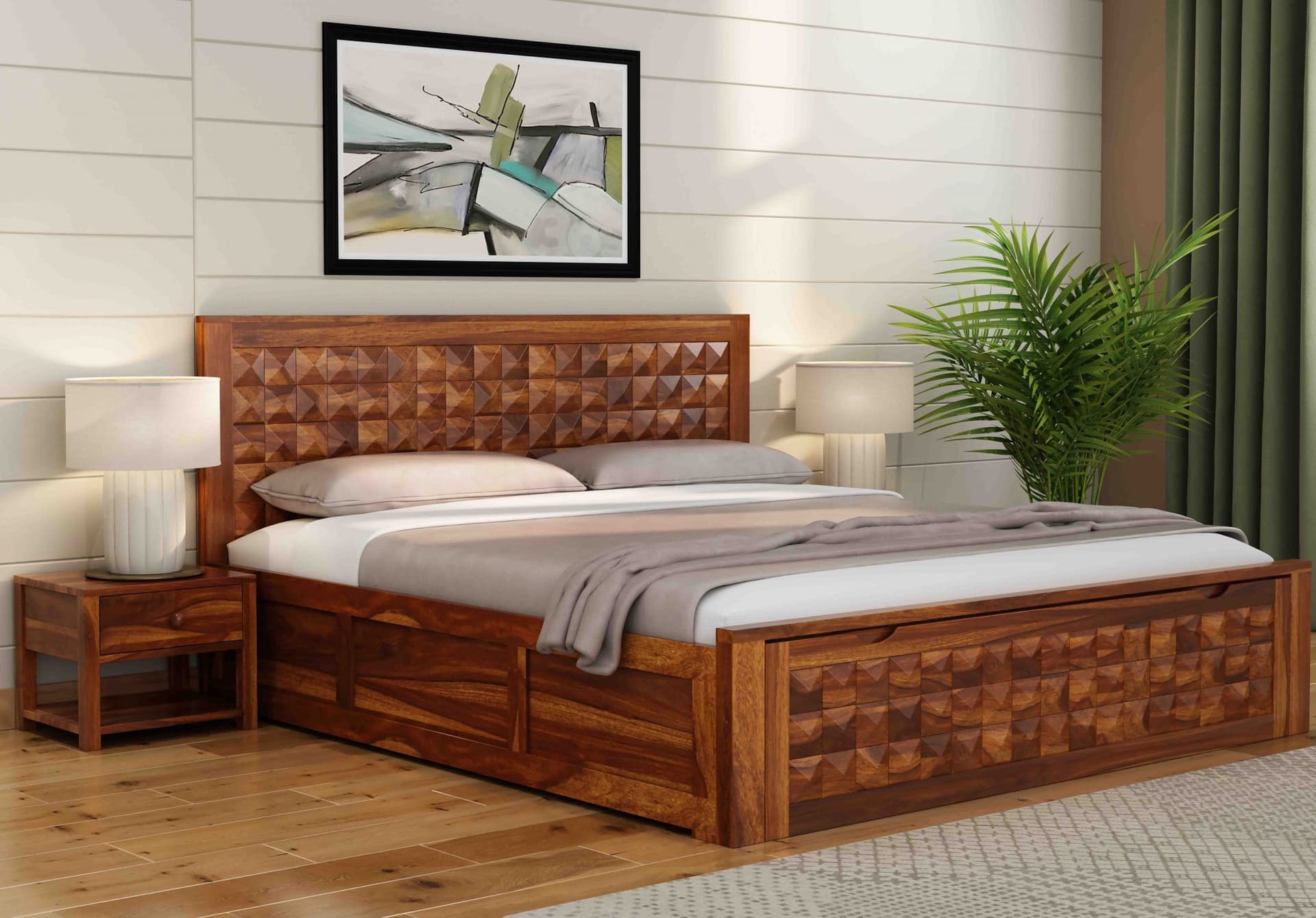 Adore King Size Diamond  Front Trolley Bed in Solid Sheesham Wood