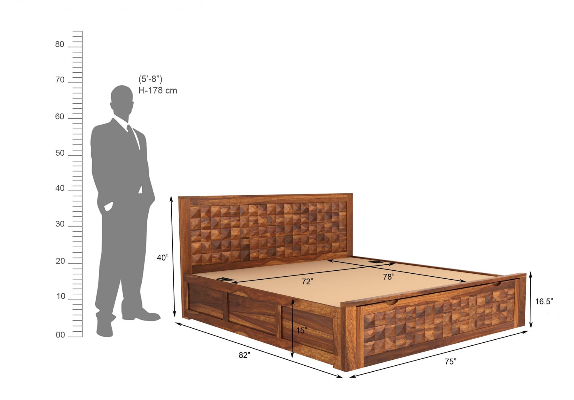 Adore King Size Diamond  Front Trolley Bed in Solid Sheesham Wood