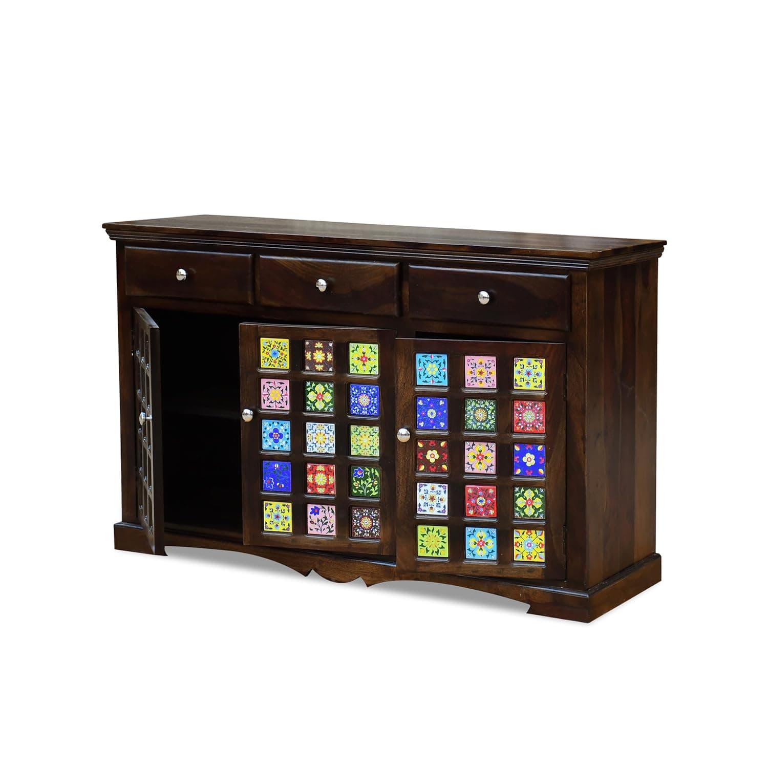 Adore Solid Wood Sideboard With Colorful Ceramic Tile Inlay – 3 Drawers & 3 Door Cabinet