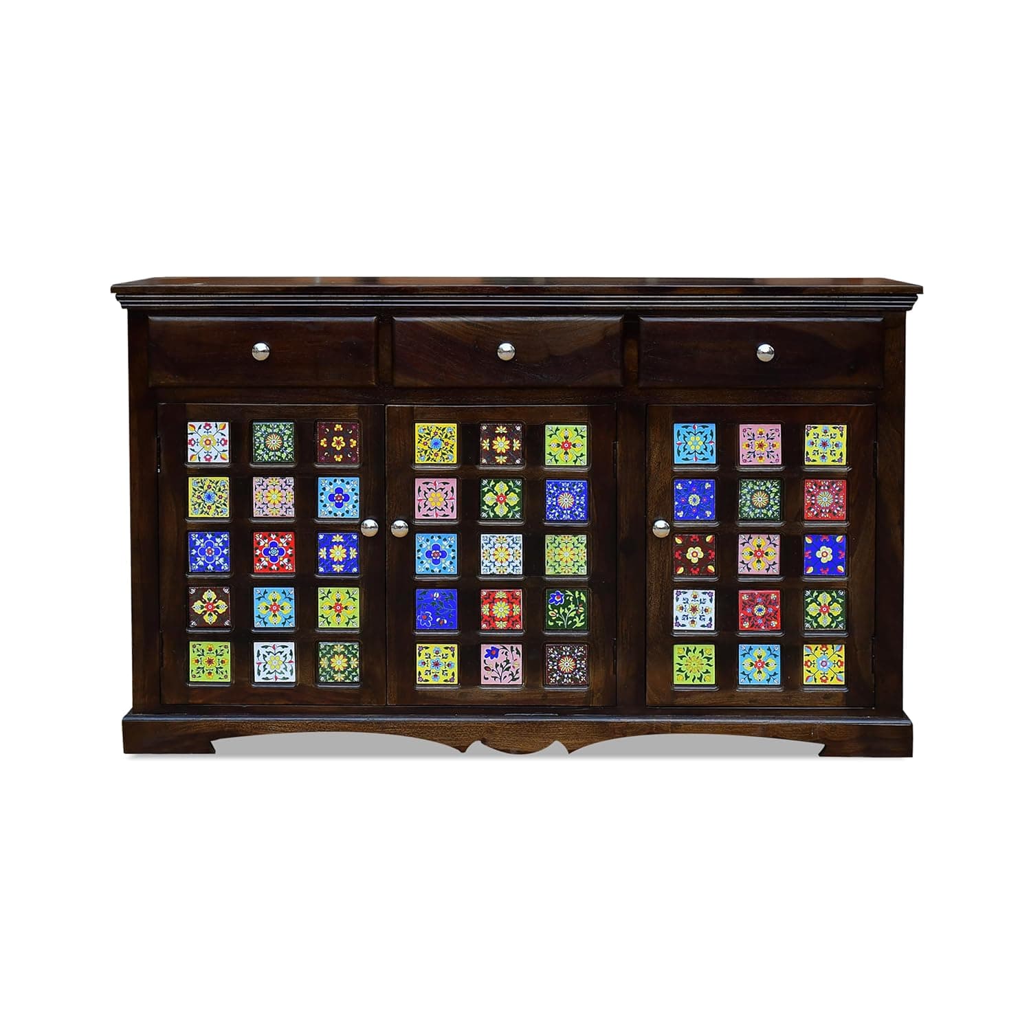 Adore Solid Wood Sideboard With Colorful Ceramic Tile Inlay – 3 Drawers & 3 Door Cabinet