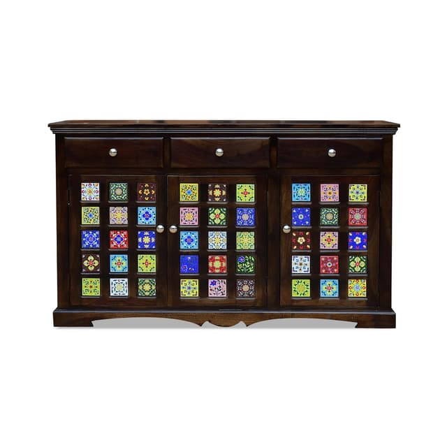 Adore Solid Wood Sideboard With Colorful Ceramic Tile Inlay – 3 Drawers & 3 Door Cabinet