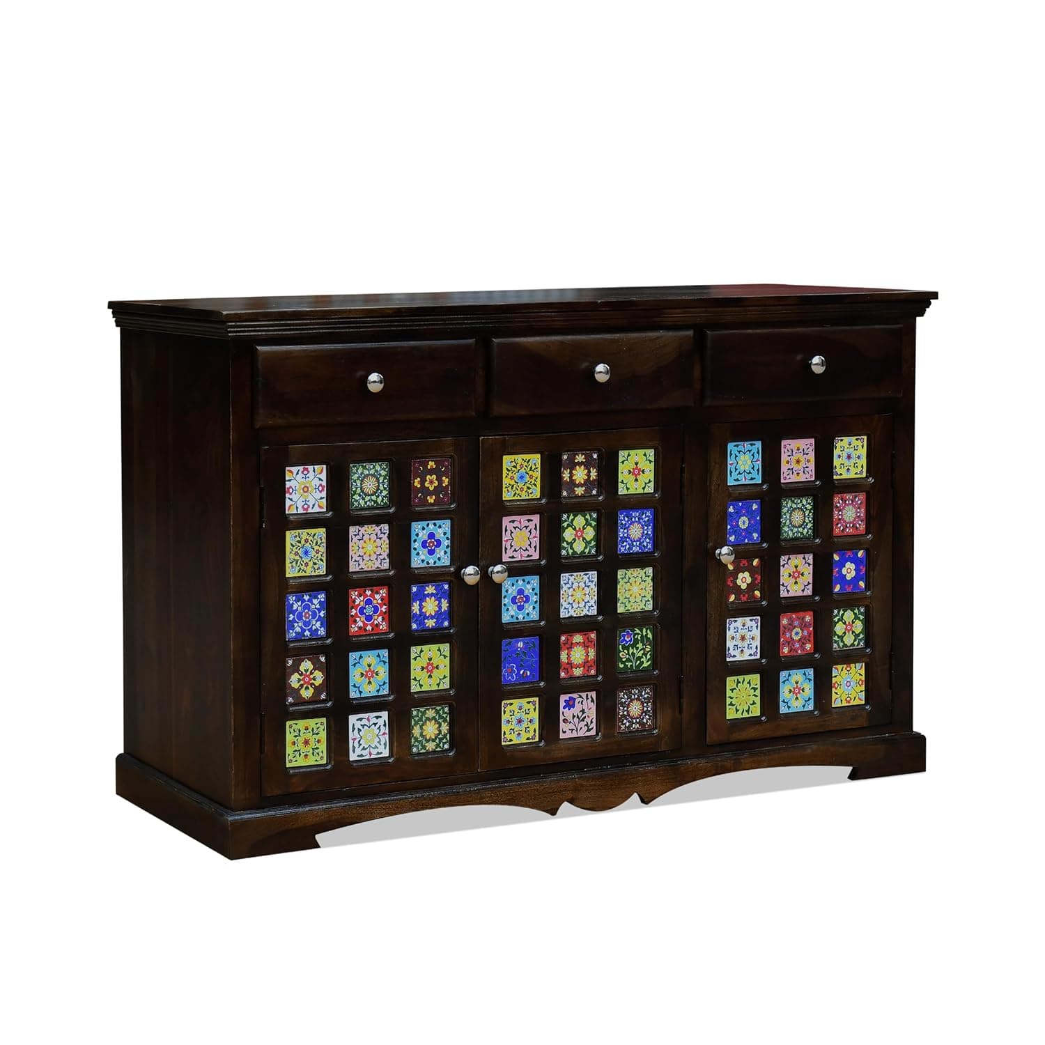 Adore Solid Wood Sideboard With Colorful Ceramic Tile Inlay – 3 Drawers & 3 Door Cabinet