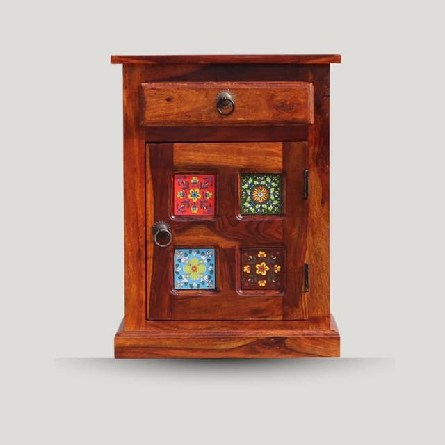 Adore Cermica Bedside Table in Solid Sheesham Wood 