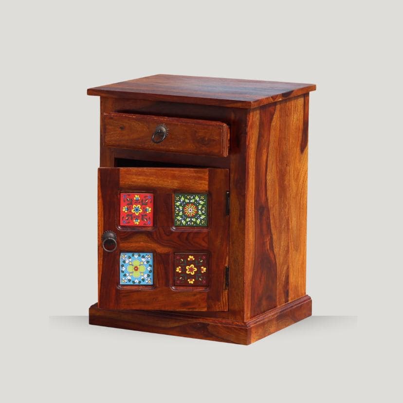 Adore Cermica Bedside Table in Solid Sheesham Wood 