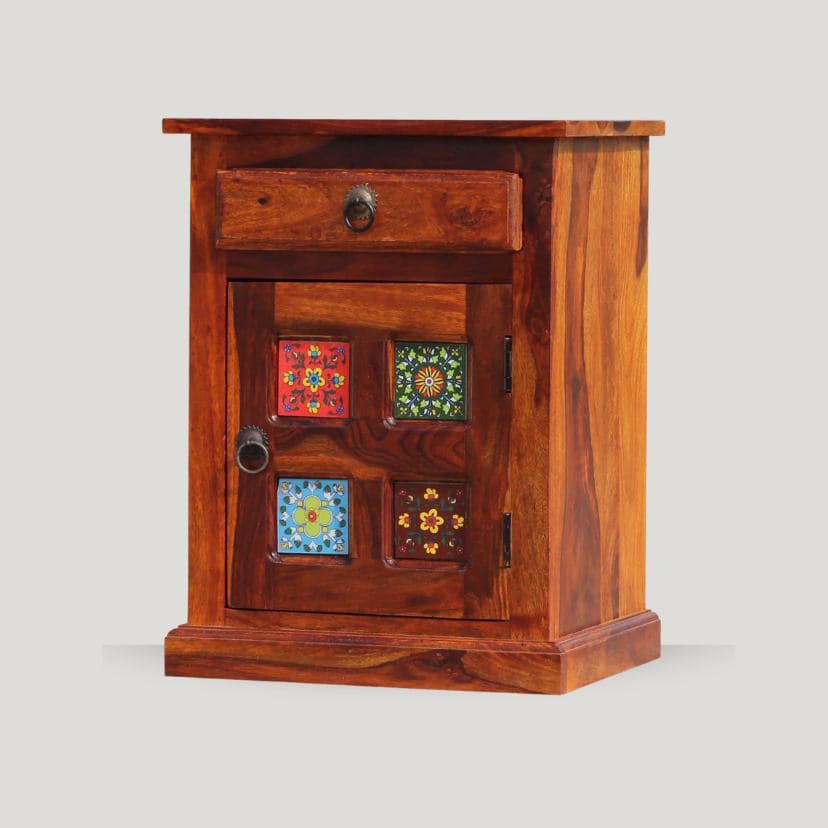 Adore Cermica Bedside Table in Solid Sheesham Wood 