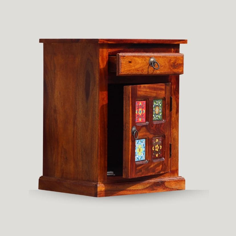 Adore Cermica Bedside Table in Solid Sheesham Wood 