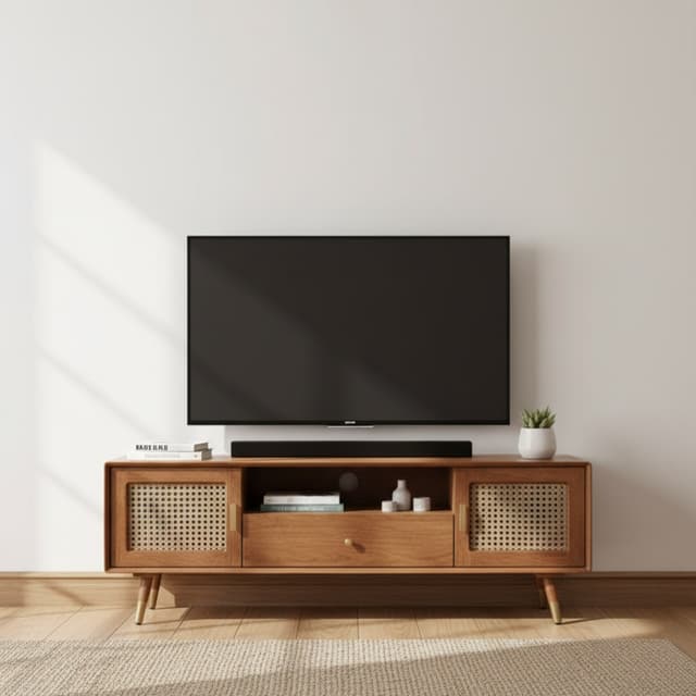 Adore Tv Cabinet Unit in Solid Wood With Rattan