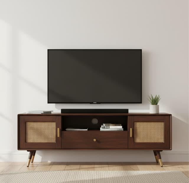 Adore Tv Cabinet Unit in Solid Wood With Rattan