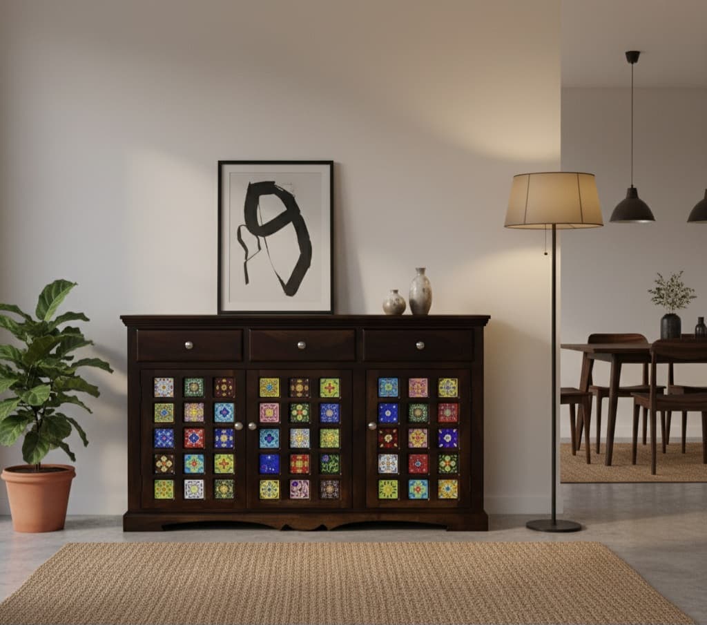 Adore Solid Wood Sideboard With Colorful Ceramic Tile Inlay – 3 Drawers & 3 Door Cabinet