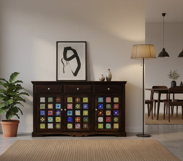 Adore Solid Wood Sideboard With Colorful Ceramic Tile Inlay – 3 Drawers & 3 Door Cabinet