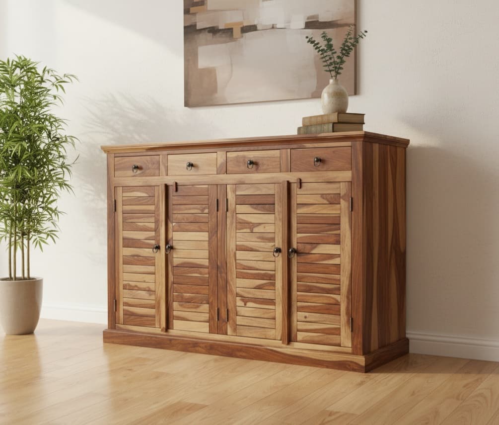 Adore Shoe Rack With 4 Drawers And 4 Doors In Solid Sheesham Wood