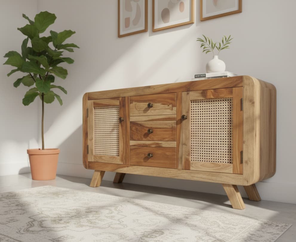 Adore Sideboard Cabinet With Rattan Doors And 3 Drawer in Solid Sheesham wood