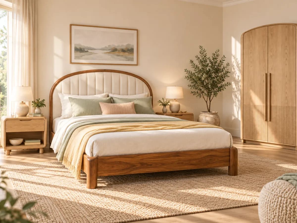 Bedroom with an arched upholstered wooden bed, wooden bedside tables with lamps and a tall fluted wardrobe