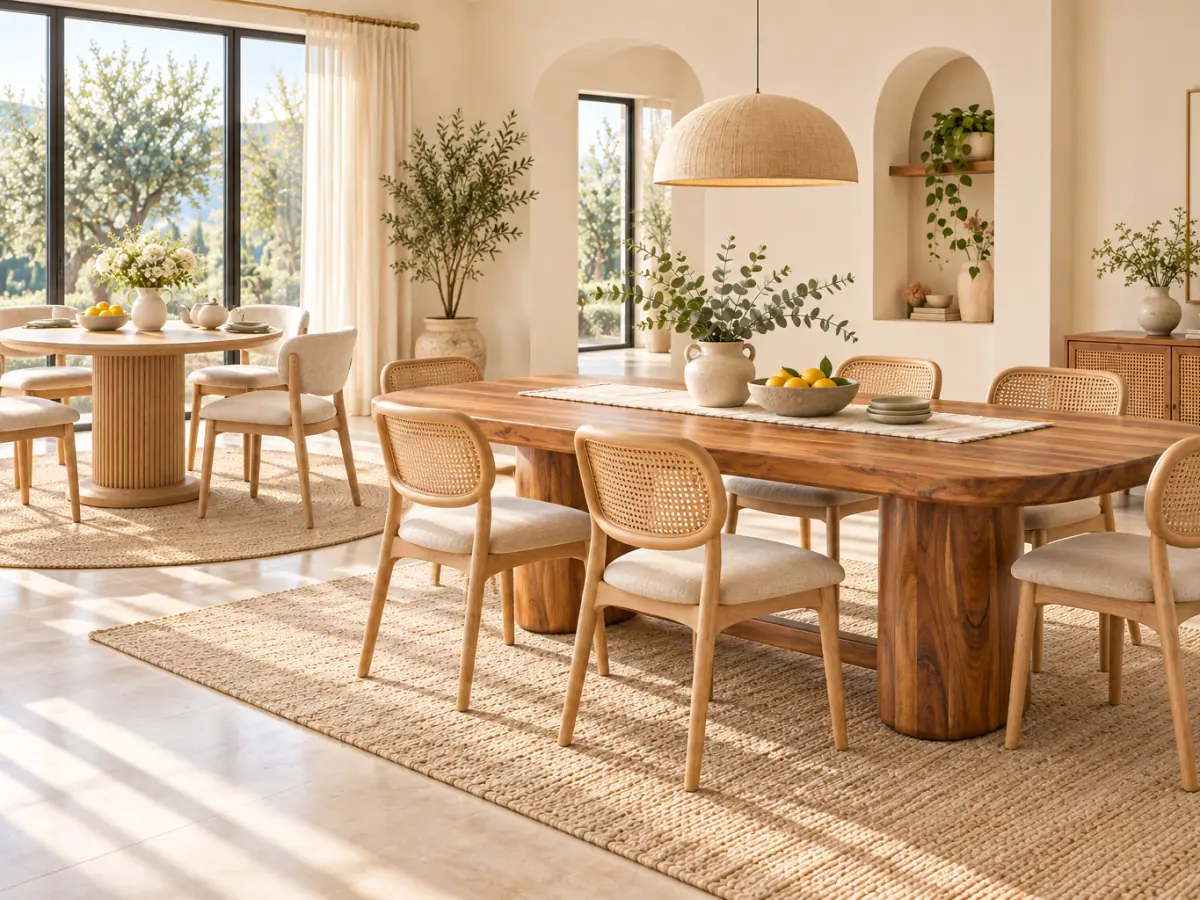 Dining room with a long rounded wooden table, cane-backed chairs with cream seats and a woven pendant light