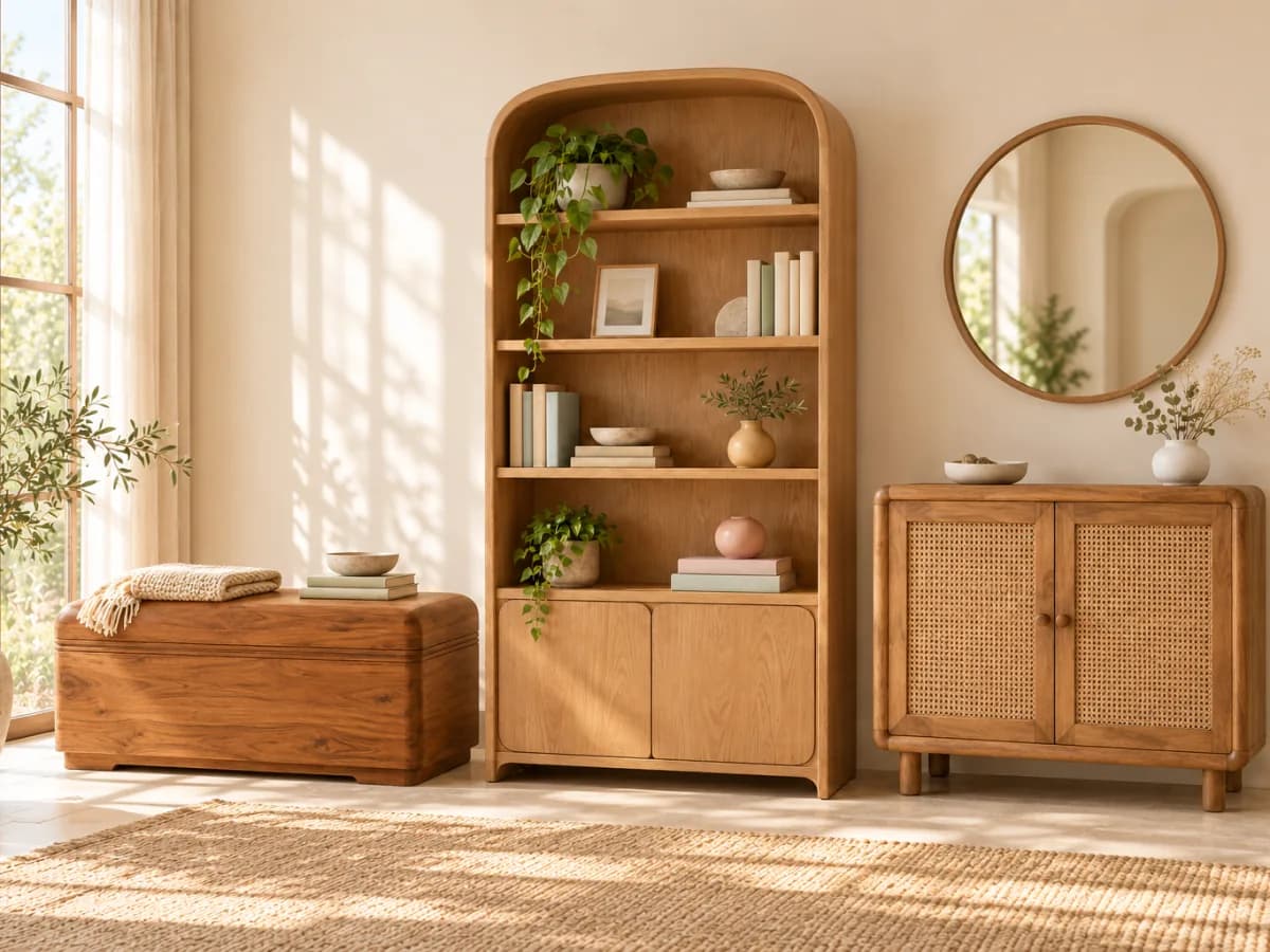Storage wall with an arched wooden bookshelf, a wooden storage chest and a cane-front cabinet beneath a round mirror
