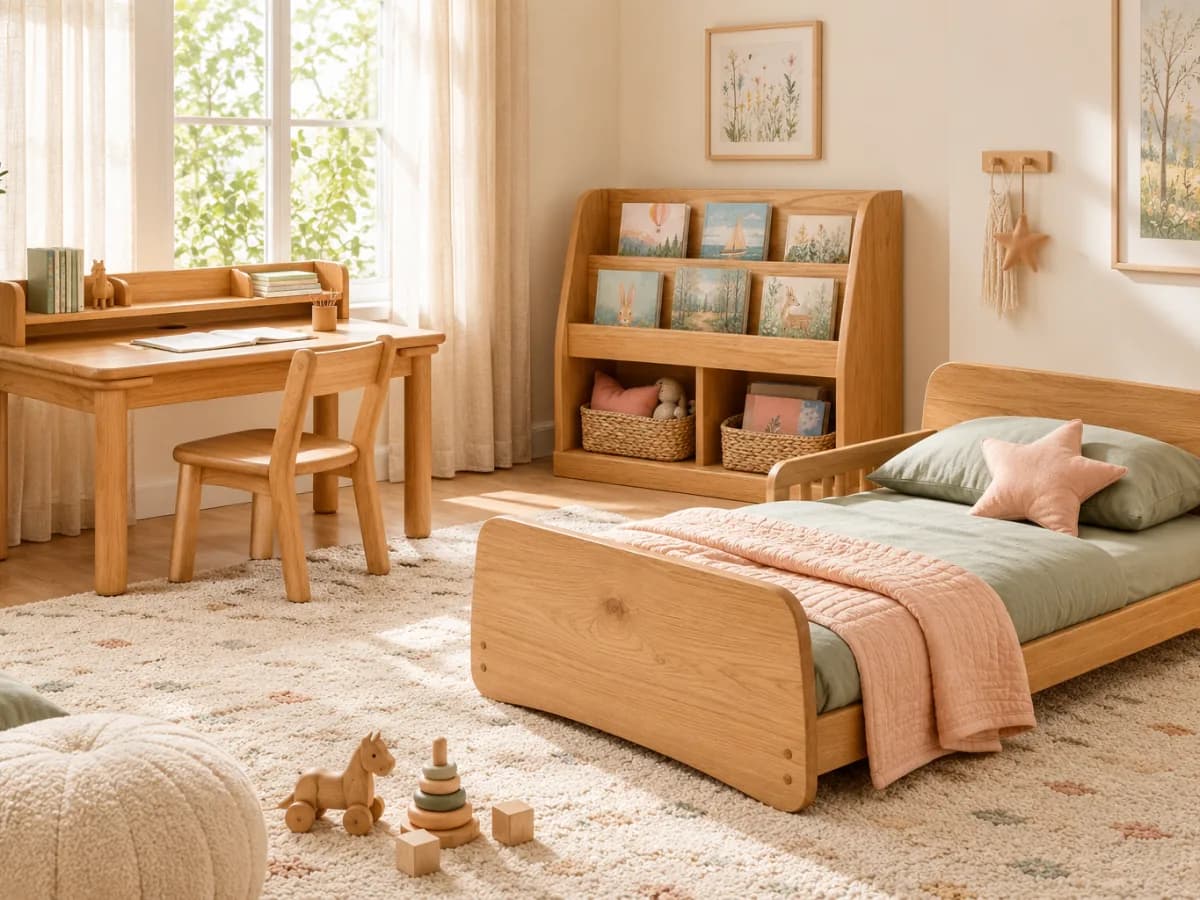 Children’s room with a low light-wood bed, a front-facing bookshelf with baskets and a child-sized desk and chair