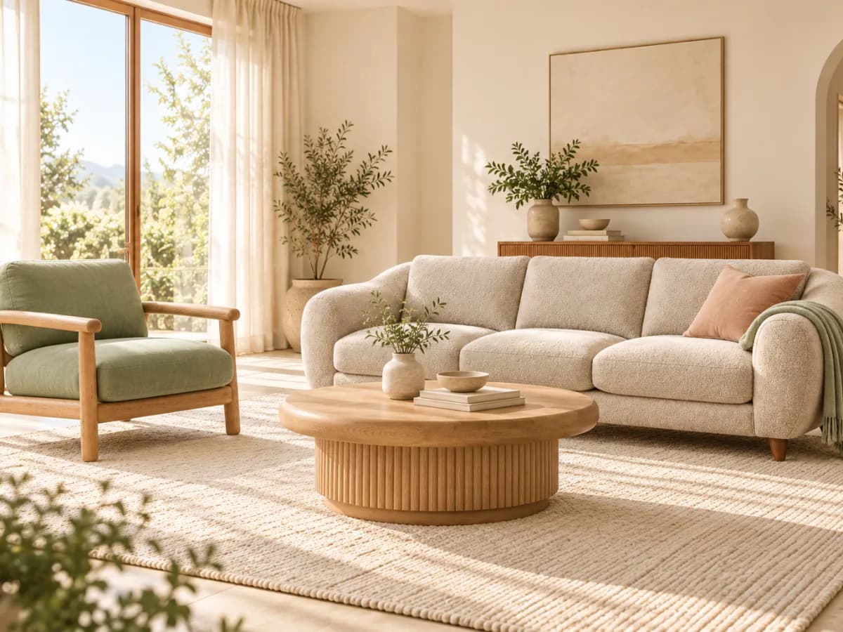 Living room with a rounded cream sofa, a sage armchair on a light wooden frame and a fluted round wooden coffee table on a woven rug